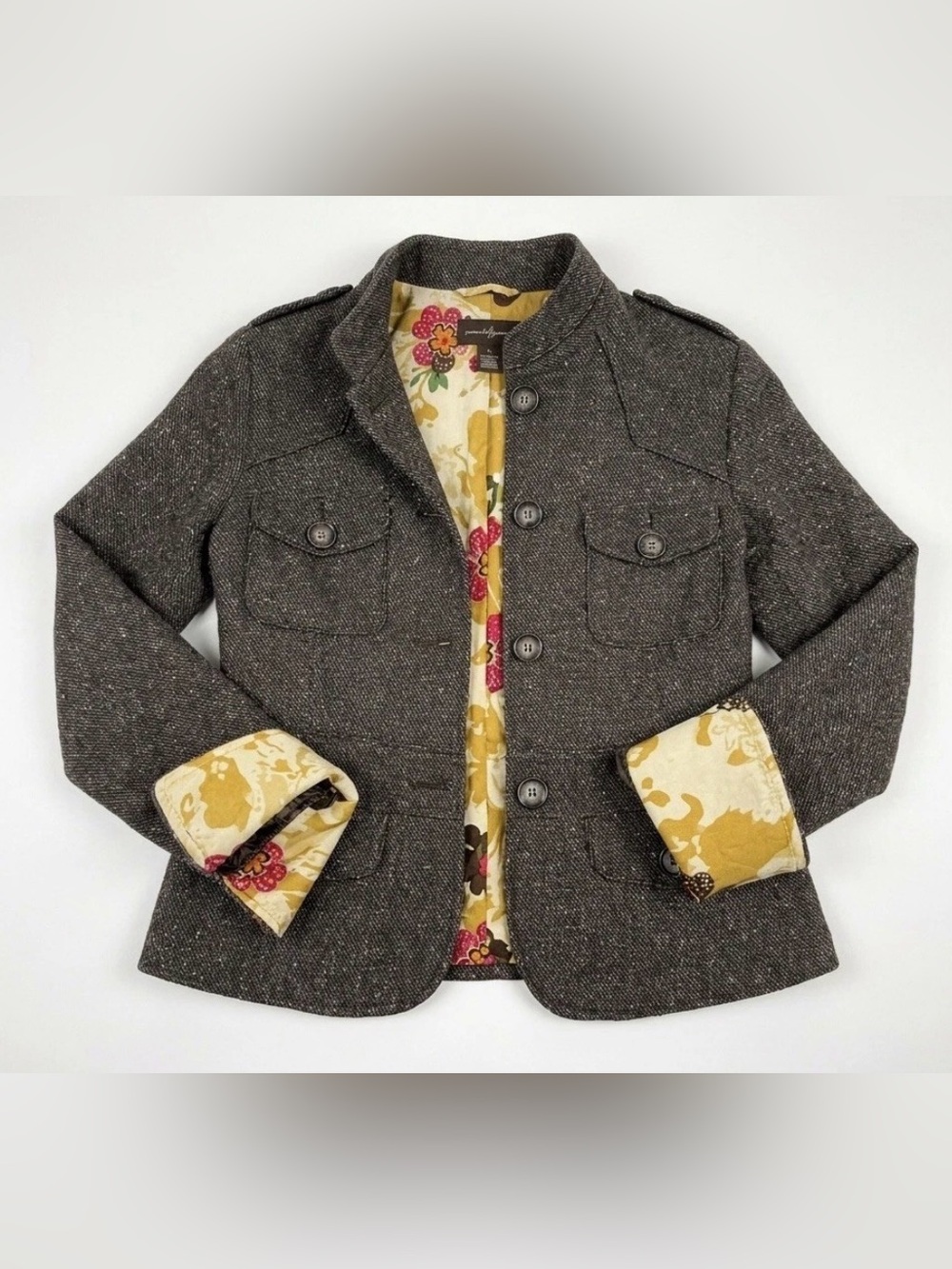 Zara Trafaluc Tweed Y2K Wool Silk Blazer Coat Career Floral lined Brown L